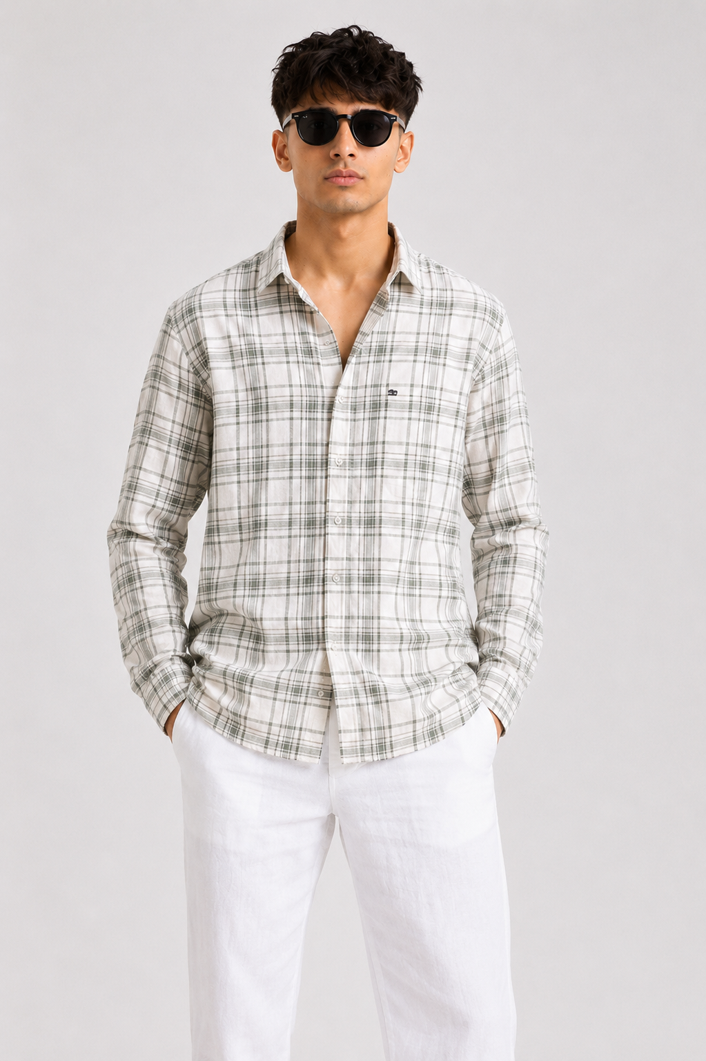 Men's Sage Green Checked Cotton Blend Full Sleeve Casual Shirt