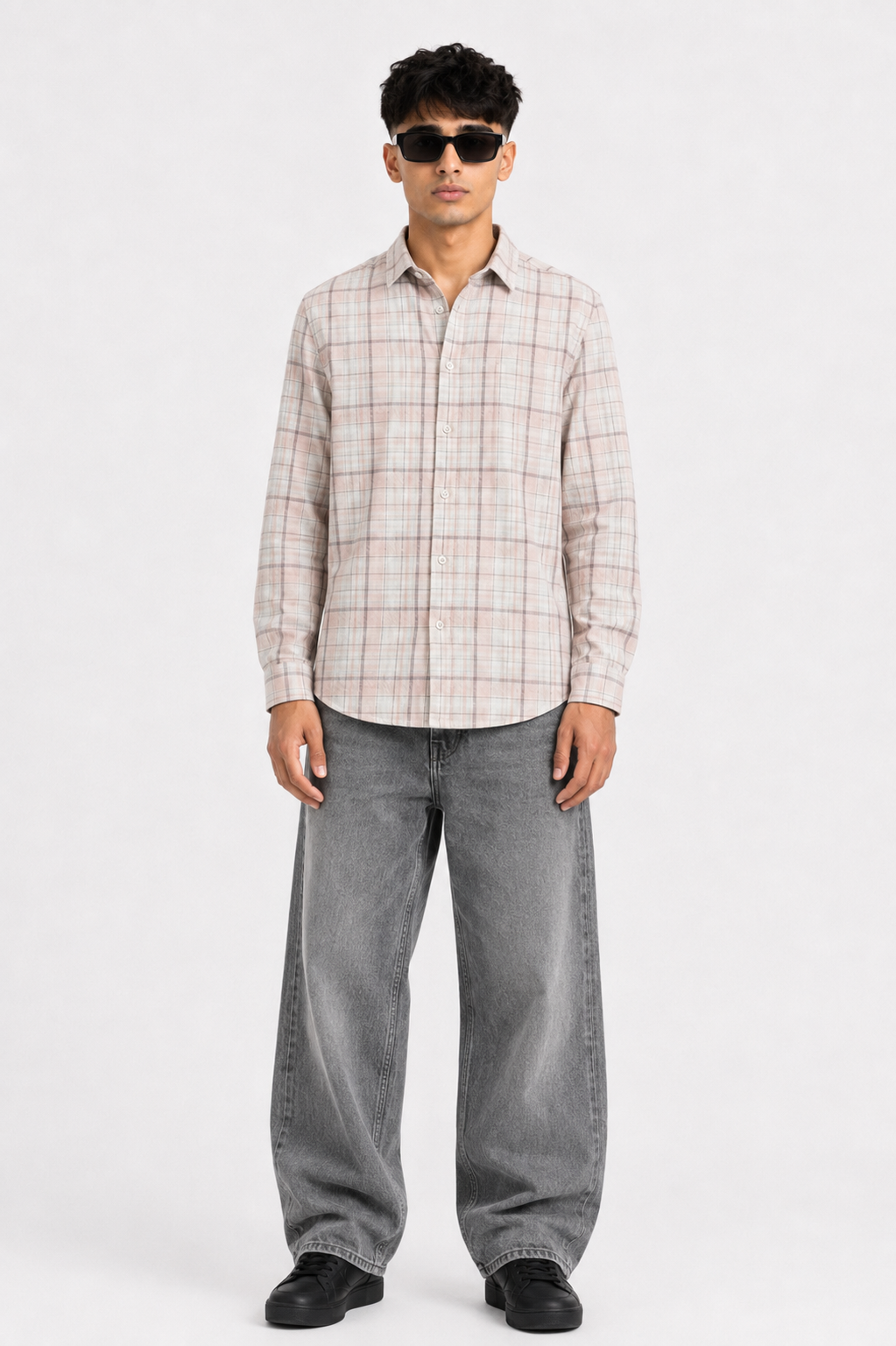 Beige & Dusty Pink Checked Cotton Blend Shirt