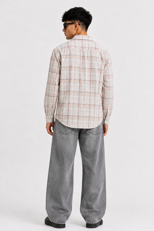 Beige & Dusty Pink Checked Cotton Blend Shirt