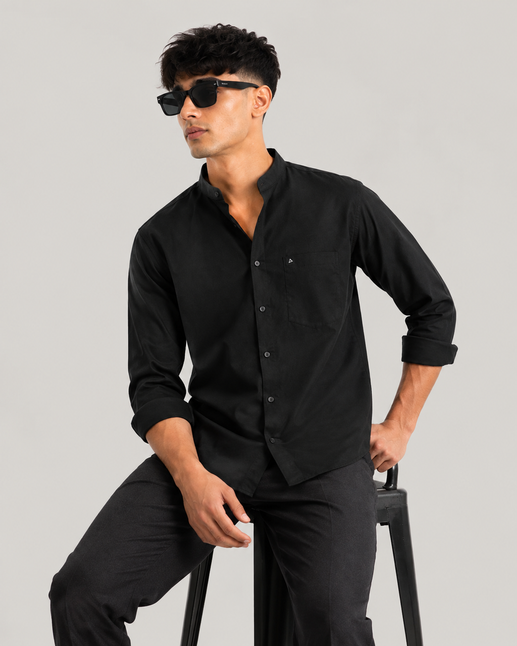 Men's Jet Black Stand Collar Full Sleeve Shirt