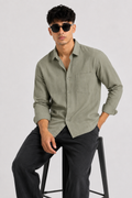 Olive Textured Full Sleeve Cotton Blend Shirt