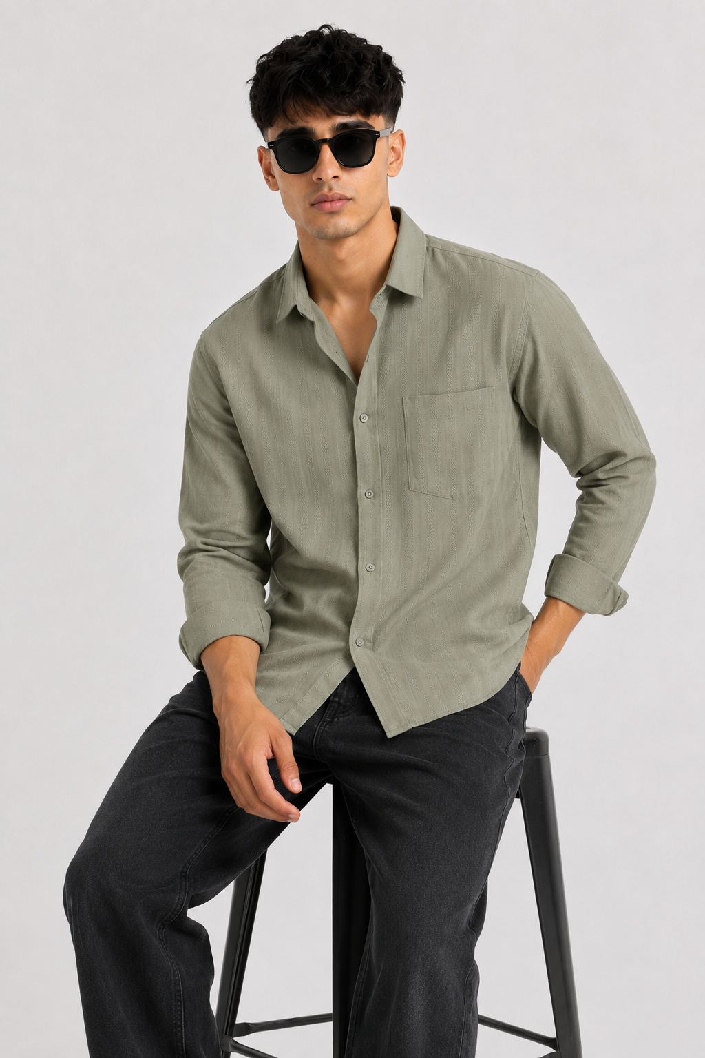 Olive Textured Full Sleeve Cotton Blend Shirt
