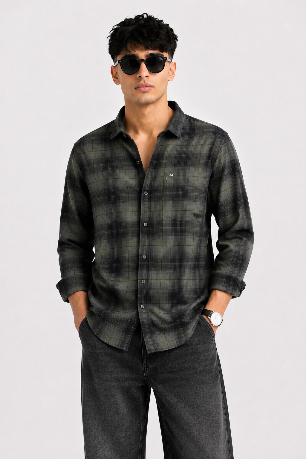Olive & Charcoal Shadow Check Casual Shirt