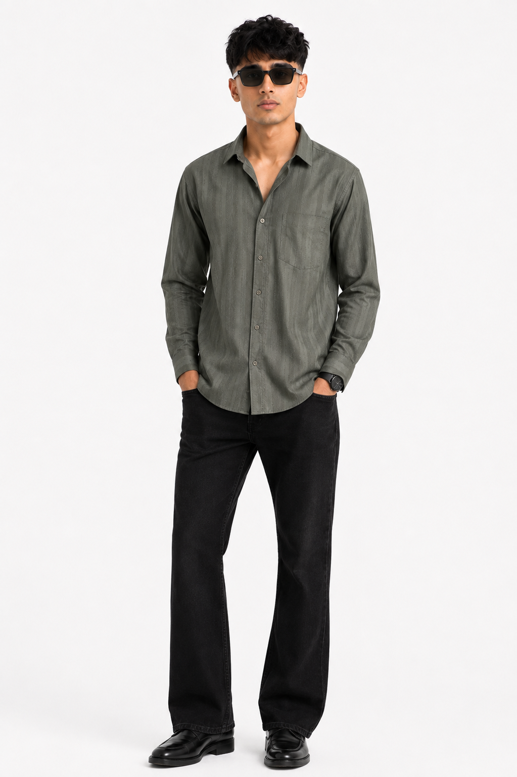 Olive Textured Stripe Premium Shirt