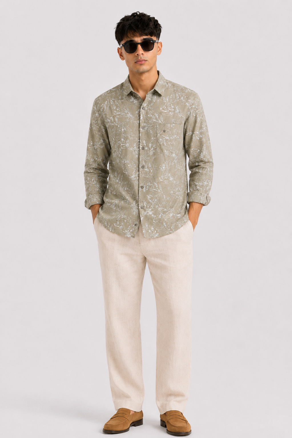YARNDAZE Premium Beige Botanical Print Full Sleeve Shirt