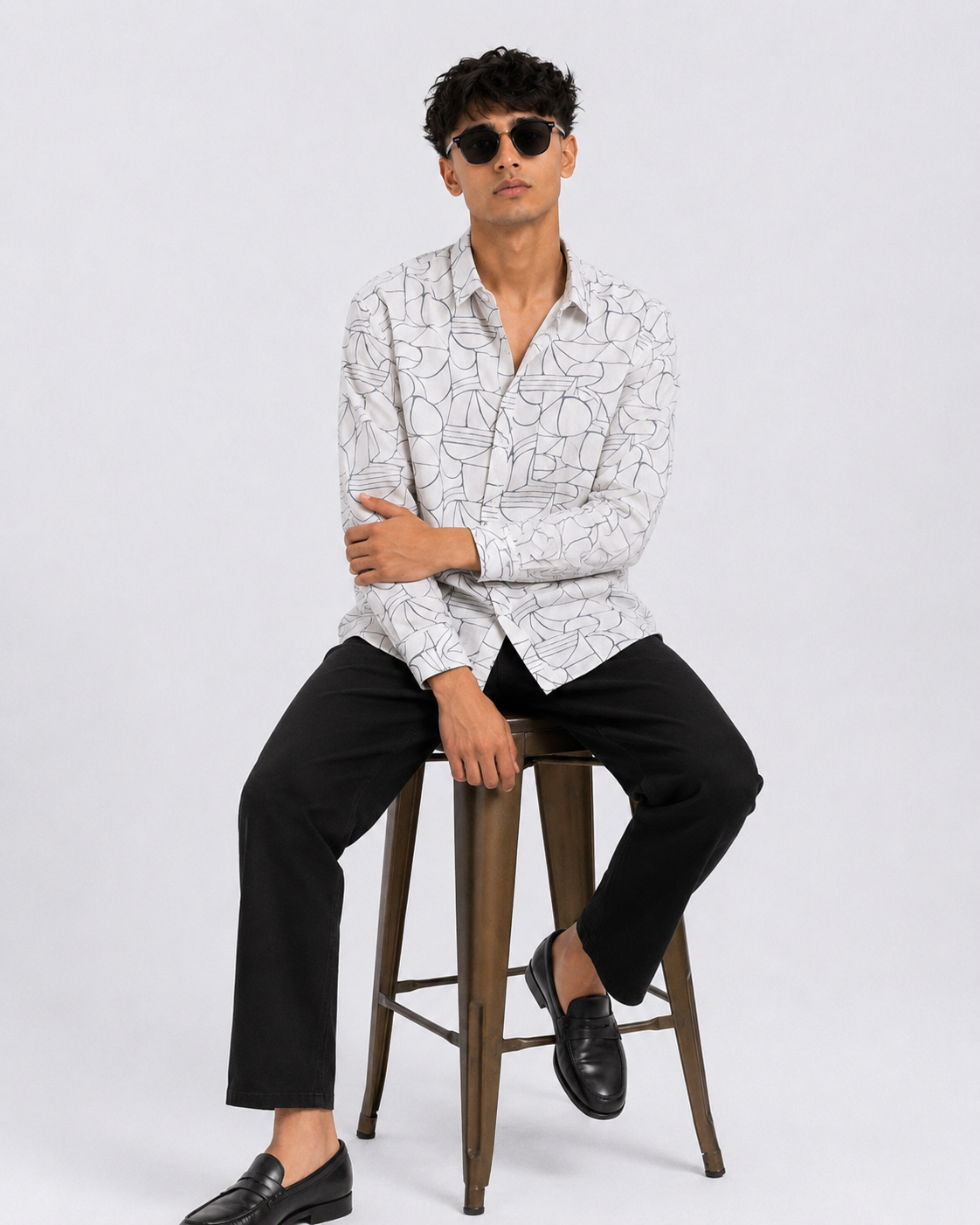 Ivory Geometric Textured Print Shirt