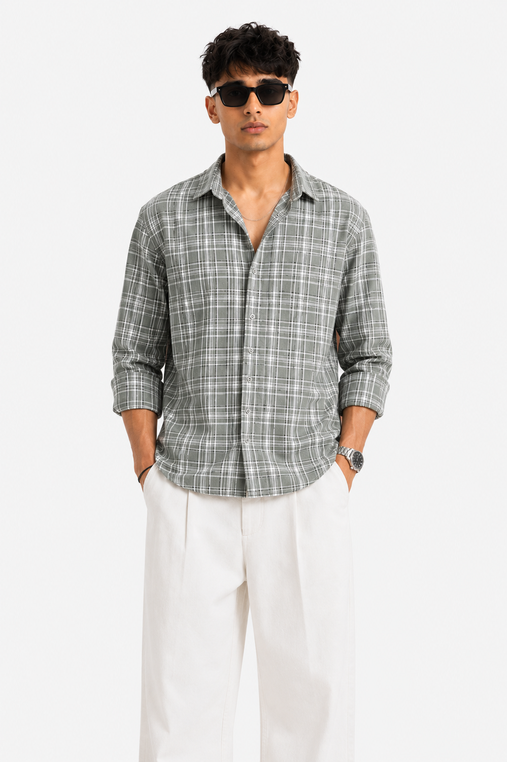 Sage Grid Checked Cotton Shirt