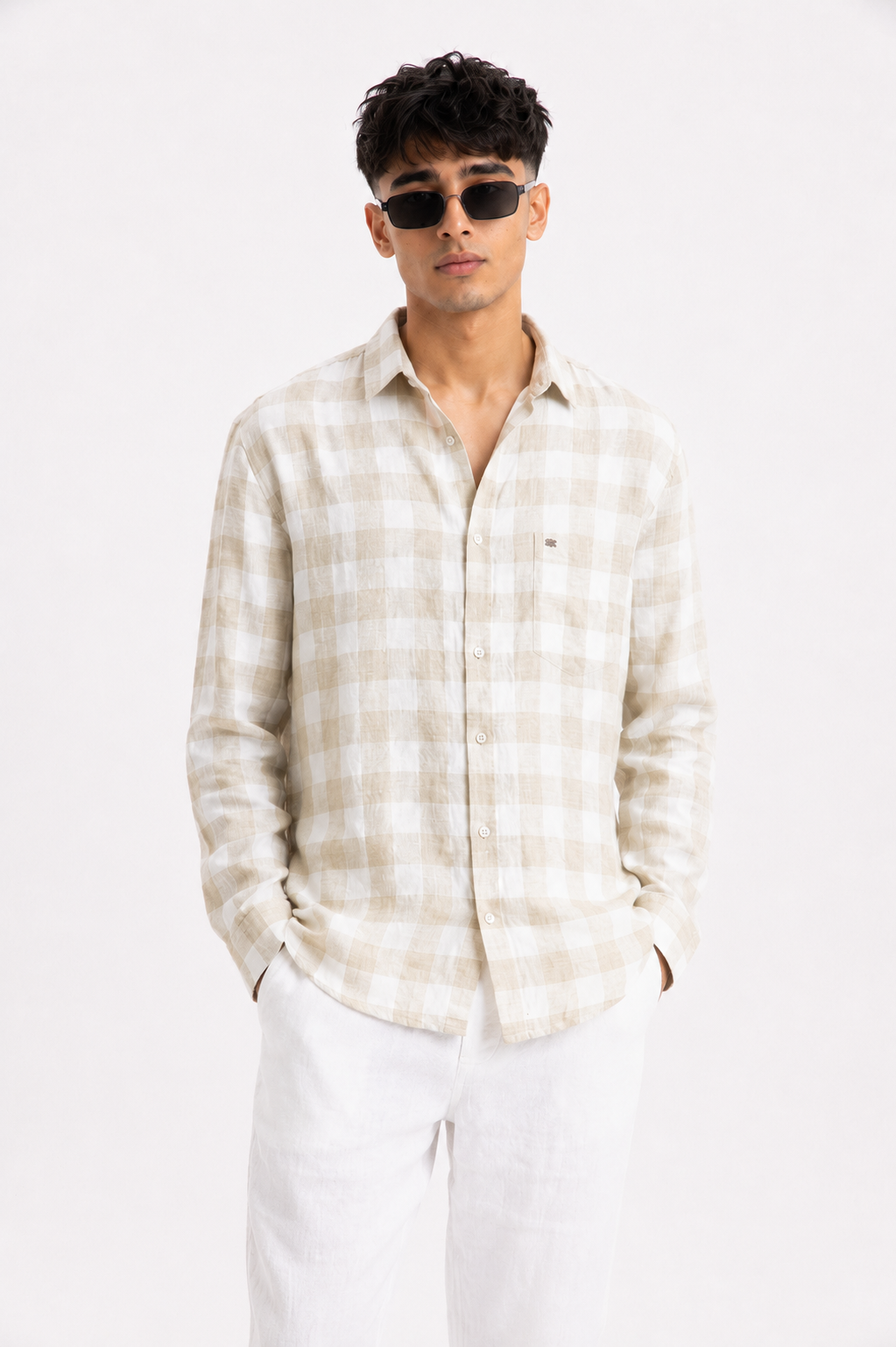 Men's Ivory Beige Checked Cotton Blend Casual Shirt