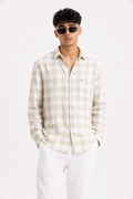 Men's Ivory Beige Checked Cotton Blend Casual Shirt