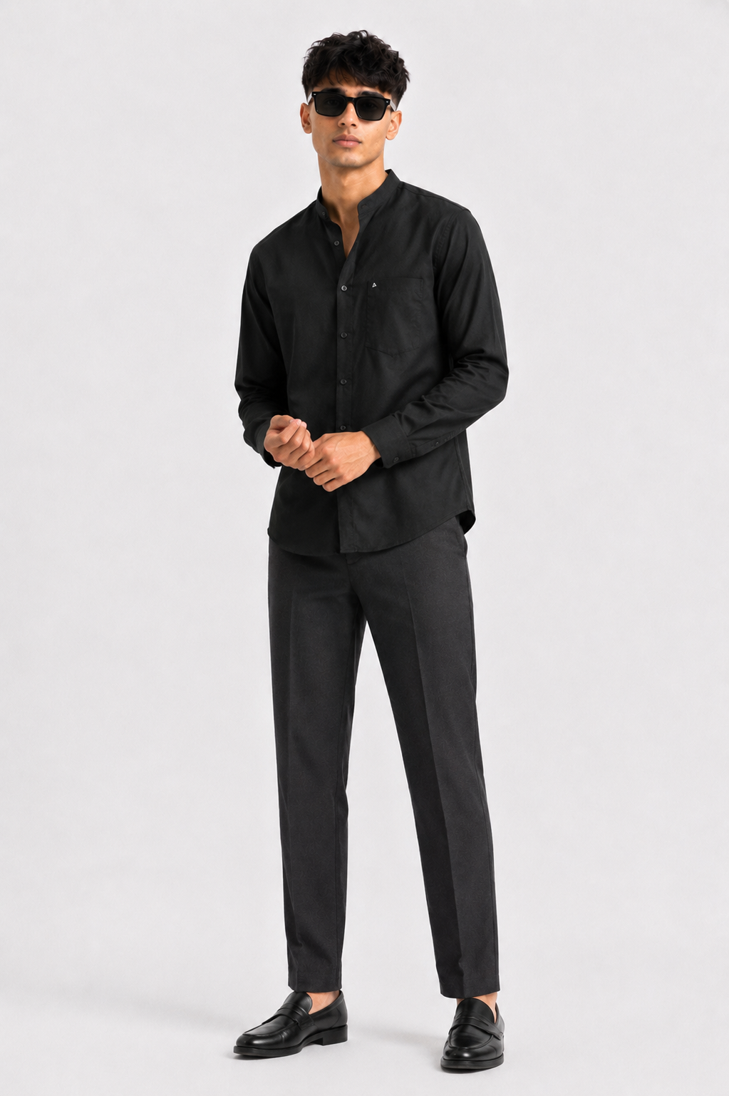 Men's Jet Black Stand Collar Full Sleeve Shirt
