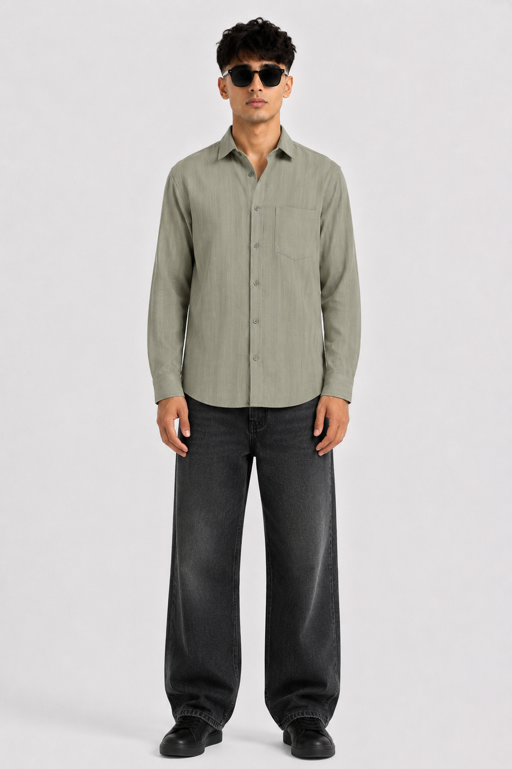 Olive Textured Full Sleeve Cotton Blend Shirt