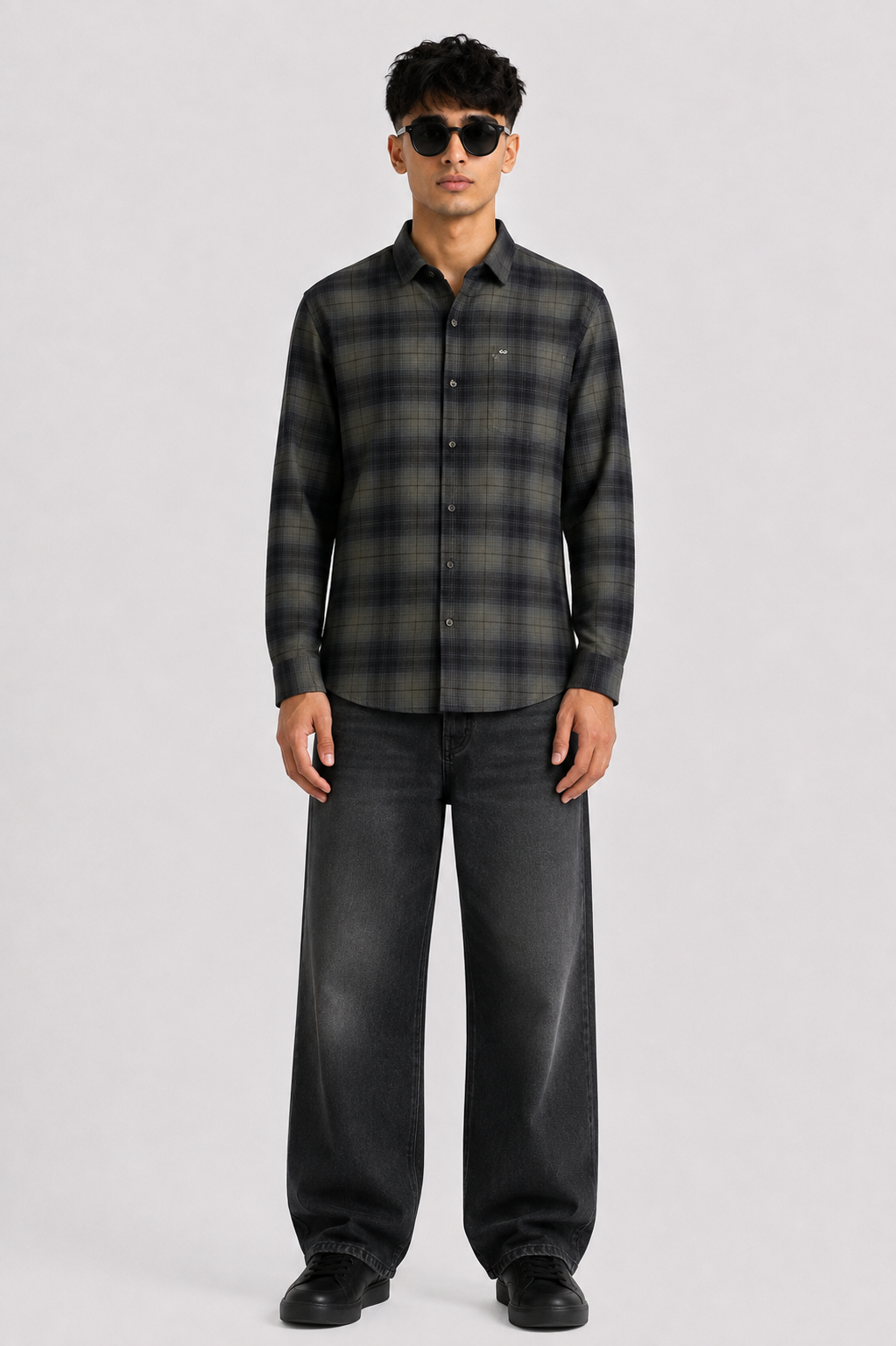 Olive & Charcoal Shadow Check Casual Shirt