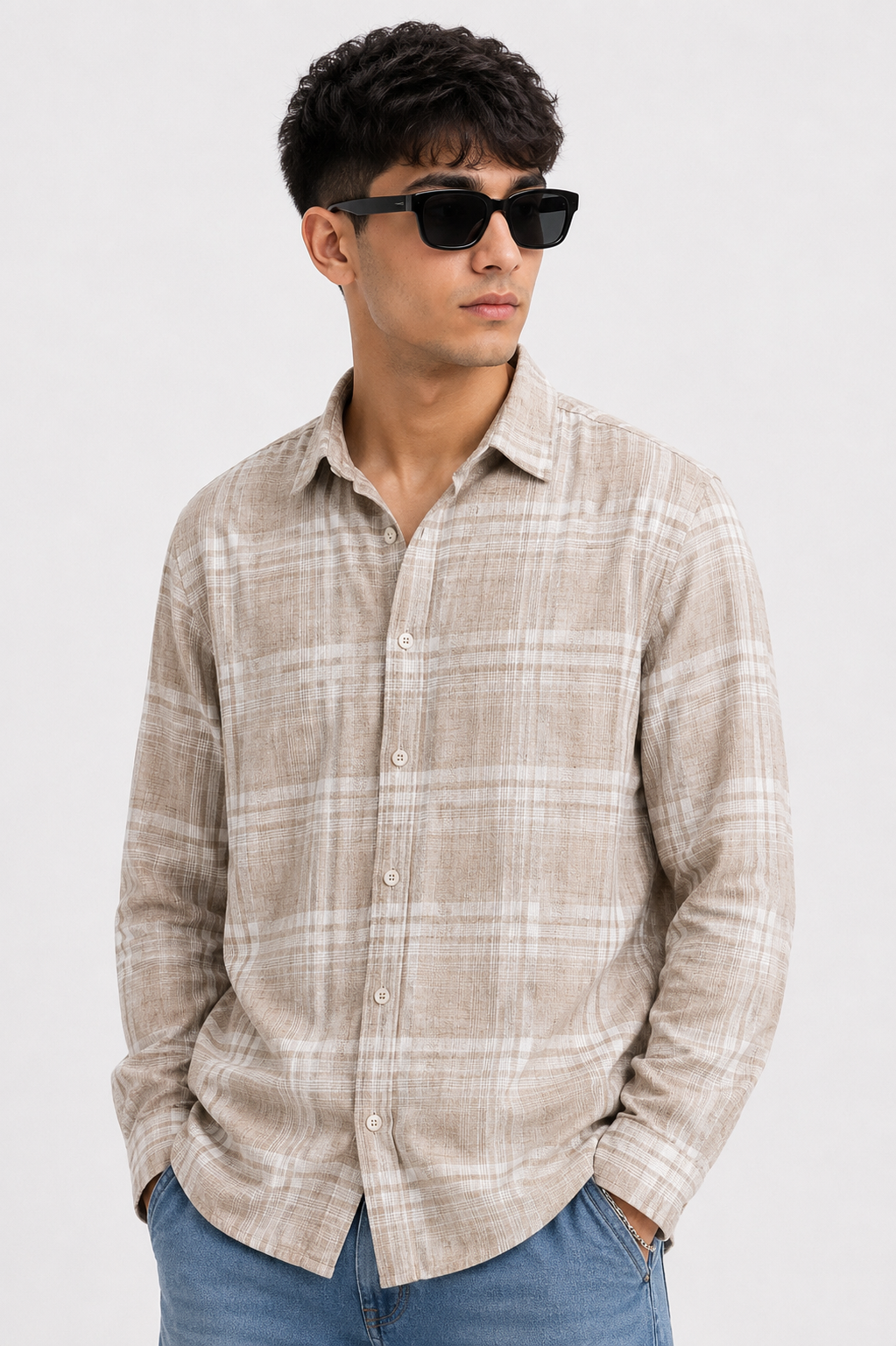 Sandstone Beige Linen Check Full Sleeve Shirt