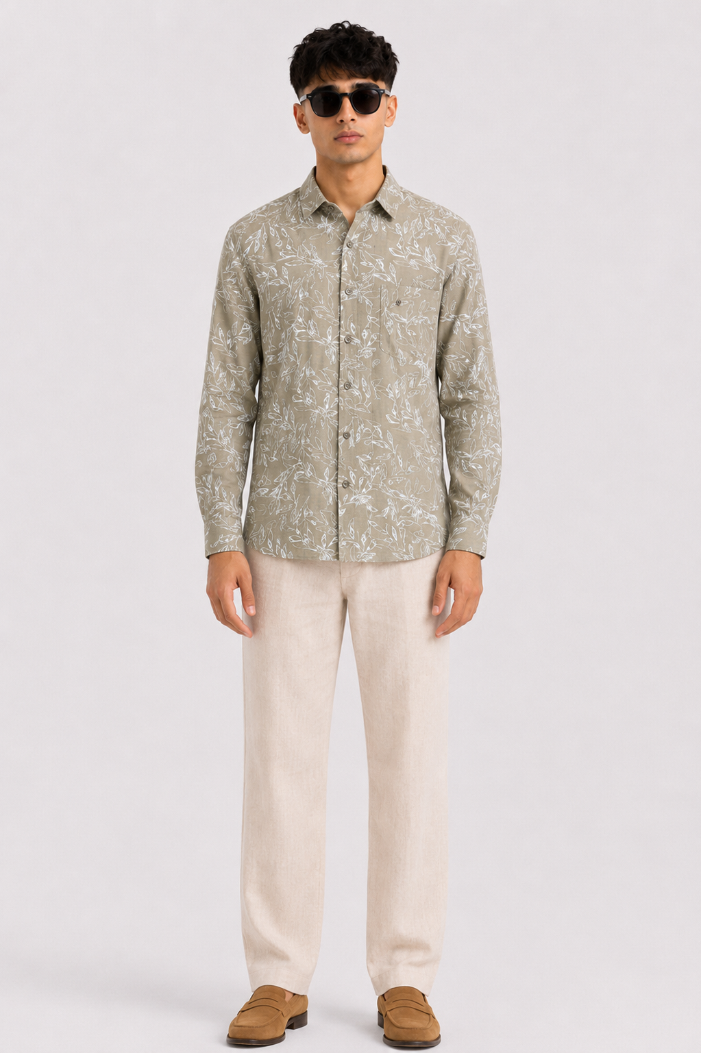 YARNDAZE Premium Beige Botanical Print Full Sleeve Shirt