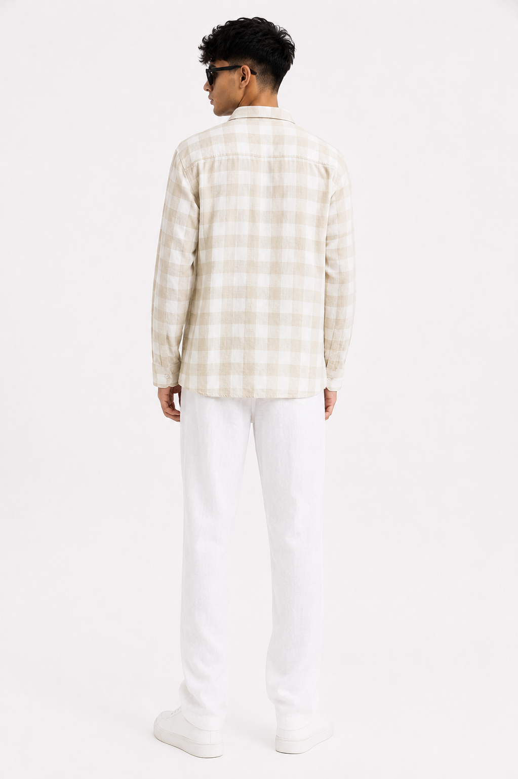 Men's Ivory Beige Checked Cotton Blend Casual Shirt