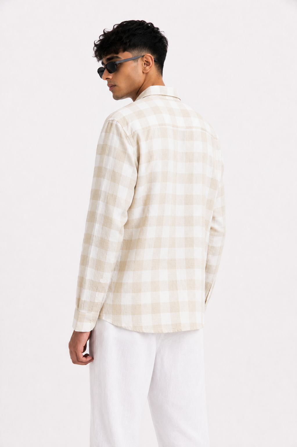 Men's Ivory Beige Checked Cotton Blend Casual Shirt